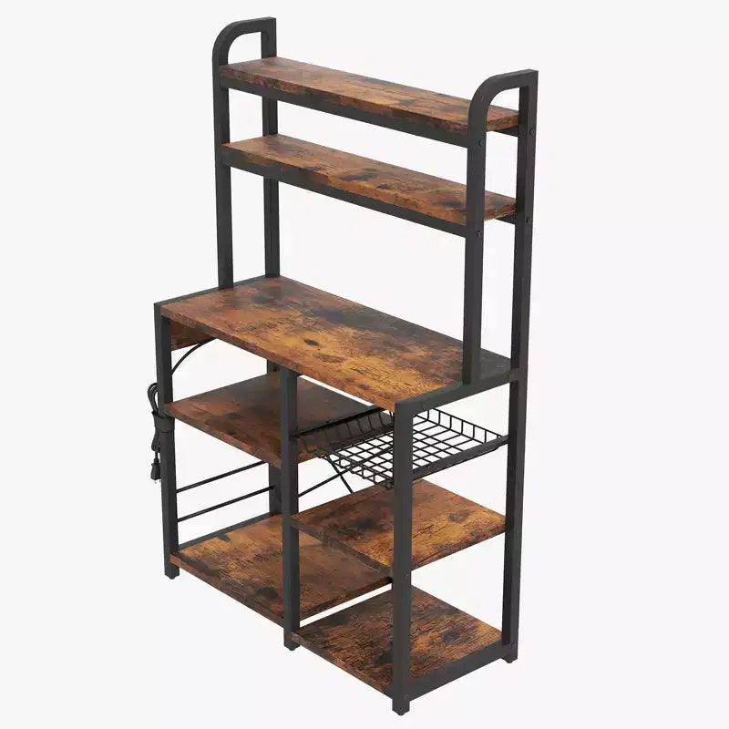 Estantería de panadero de 6 niveles con toma de corriente, soporte para microondas y mesa de bar de café para almacenar especias y sartenes en la cocina