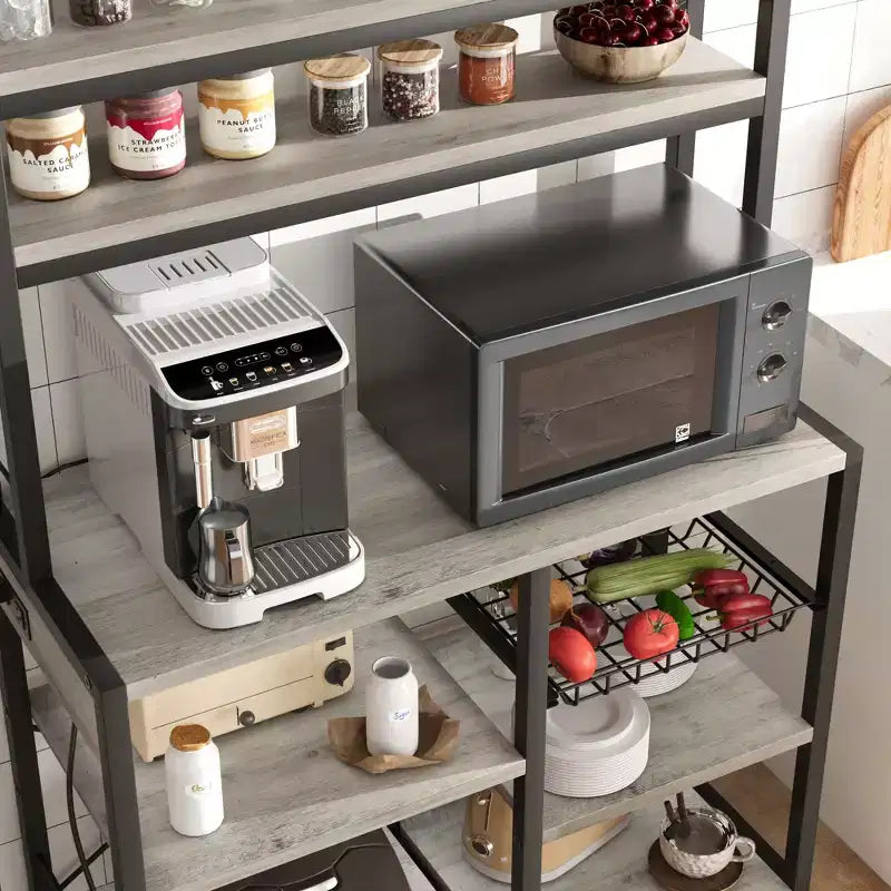 Estantería de panadero de 6 niveles con toma de corriente, soporte para microondas y mesa de bar de café para almacenar especias y sartenes en la cocina