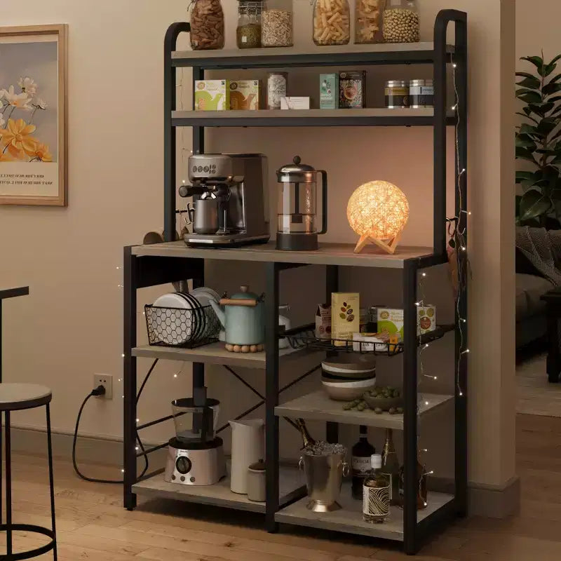 Estantería de panadero de 6 niveles con toma de corriente, soporte para microondas y mesa de bar de café para almacenar especias y sartenes en la cocina