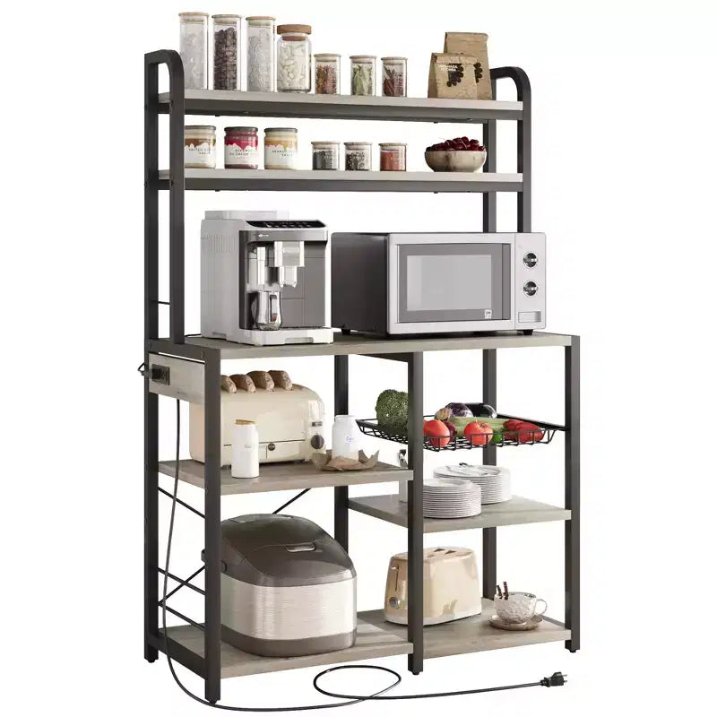 Estantería de panadero de 6 niveles con toma de corriente, soporte para microondas y mesa de bar de café para almacenar especias y sartenes en la cocina