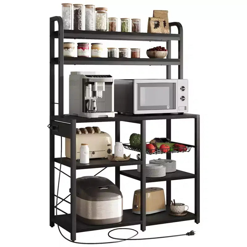 Estantería de panadero de 6 niveles con toma de corriente, soporte para microondas y mesa de bar de café para almacenar especias y sartenes en la cocina