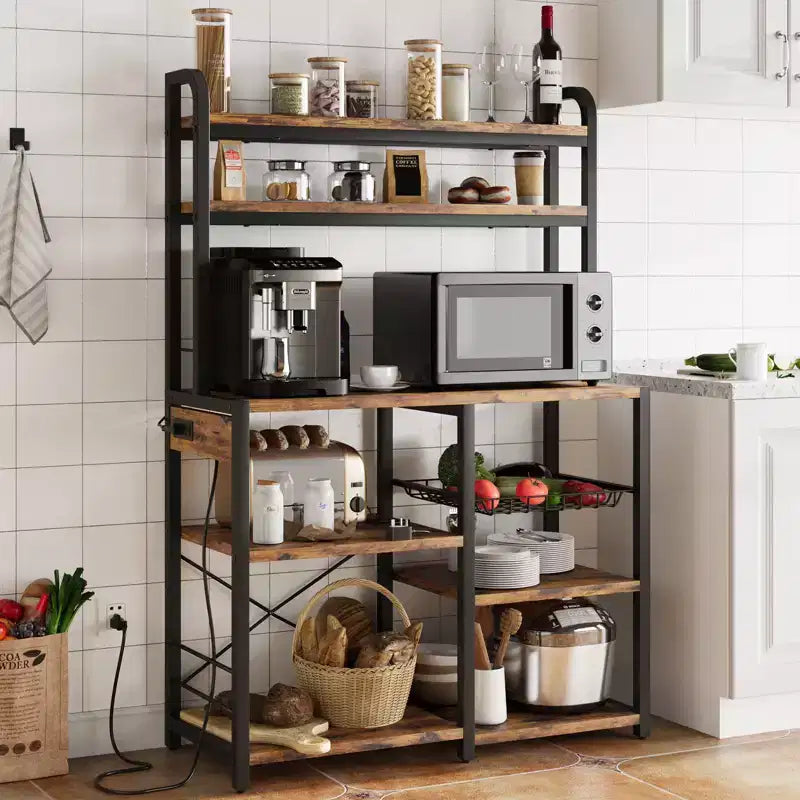 Scaffale da panetteria a 6 ripiani con presa di corrente, supporto per microonde e tavolo bar per il caffè, per riporre spezie e padelle in cucina
