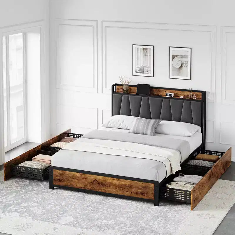 Struttura letto con testiera imbottita in lino e contenitore, struttura letto a piattaforma con 4 cassetti e stazione di ricarica, marrone vintage