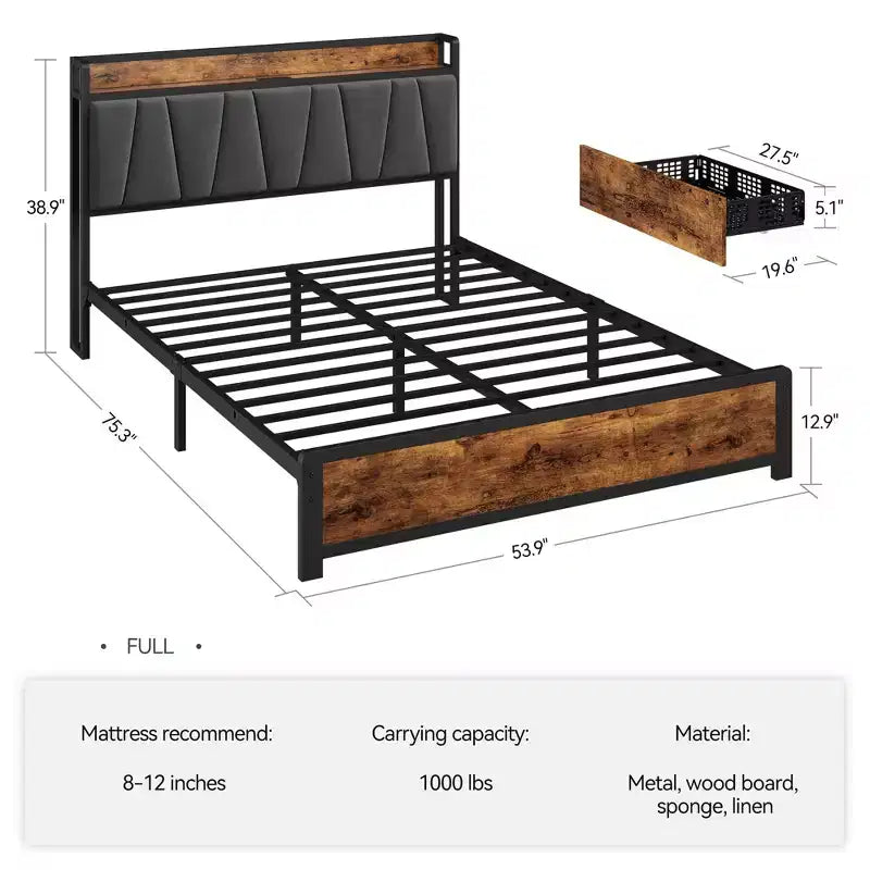 Struttura letto con testiera imbottita in lino e contenitore, struttura letto a piattaforma con 4 cassetti e stazione di ricarica, marrone vintage
