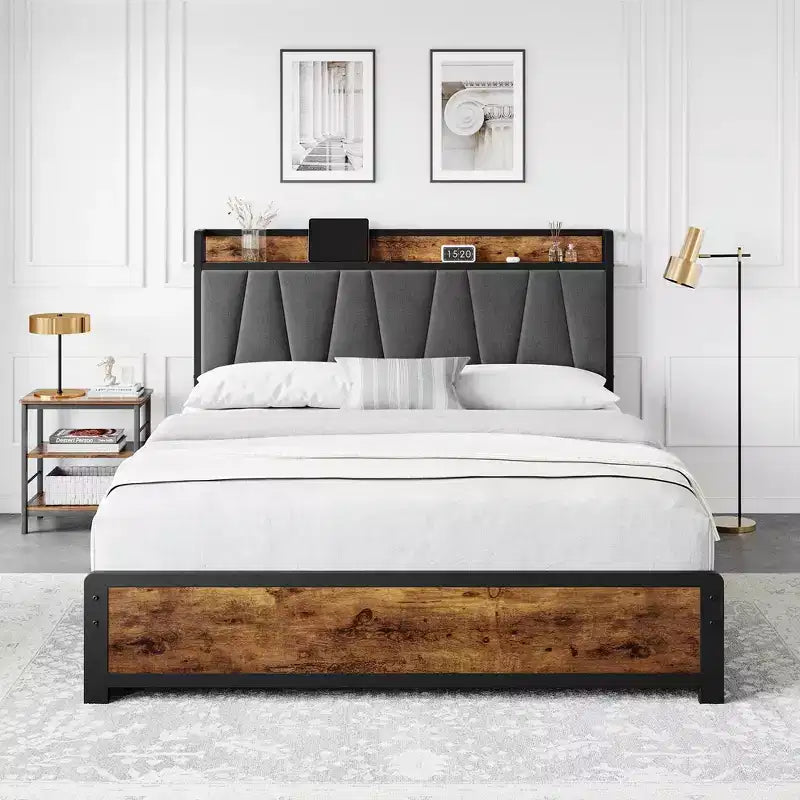 Struttura letto con testiera imbottita in lino e contenitore, struttura letto a piattaforma con 4 cassetti e stazione di ricarica, marrone vintage