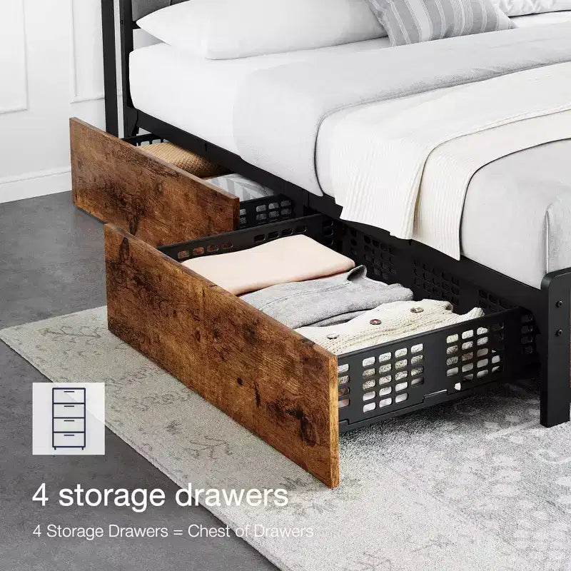 Struttura letto con testiera imbottita in lino e contenitore, struttura letto a piattaforma con 4 cassetti e stazione di ricarica, marrone vintage