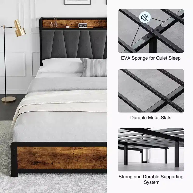 Struttura letto con testiera imbottita in lino e contenitore, struttura letto a piattaforma con 4 cassetti e stazione di ricarica, marrone vintage