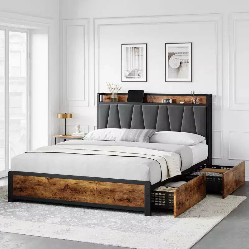 Struttura letto con testiera imbottita in lino e contenitore, struttura letto a piattaforma con 4 cassetti e stazione di ricarica, marrone vintage