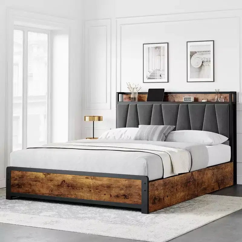 Struttura letto con testiera imbottita in lino e contenitore, struttura letto a piattaforma con 4 cassetti e stazione di ricarica, marrone vintage