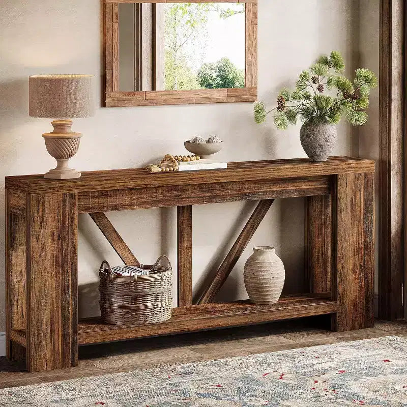 Mesa consola larga de 70.9 pulgadas, mesa de sofá estilo rústico de 2 niveles para colocar detrás del sofá, consola grande de entrada con almacenamiento para pasillo y recibidor