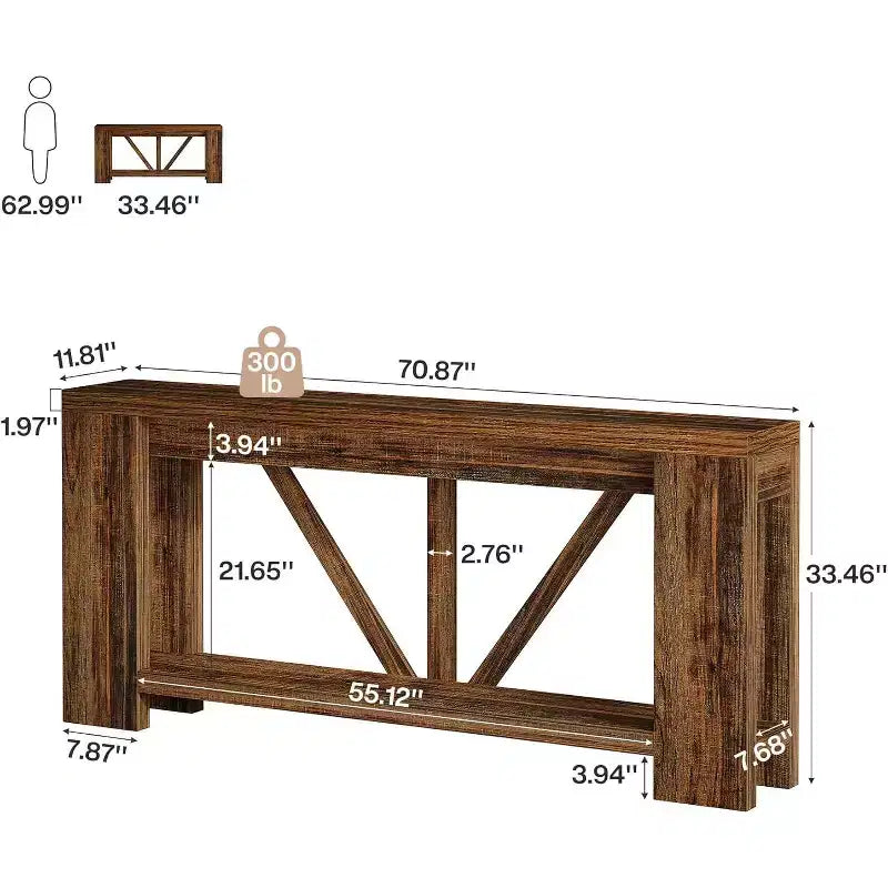 Mesa consola larga de 70.9 pulgadas, mesa de sofá estilo rústico de 2 niveles para colocar detrás del sofá, consola grande de entrada con almacenamiento para pasillo y recibidor