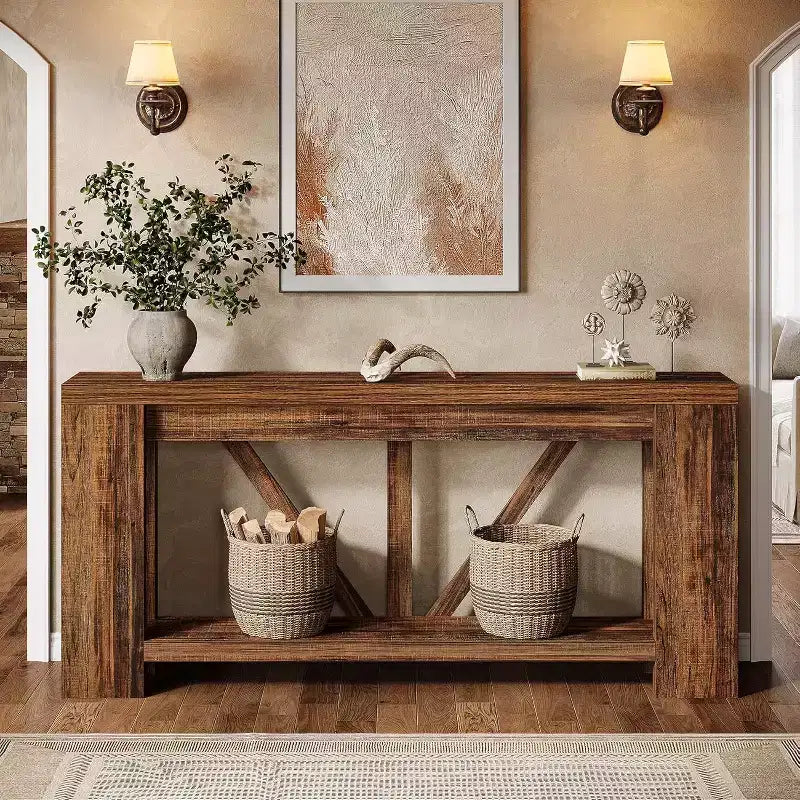 Mesa consola larga de 70.9 pulgadas, mesa de sofá estilo rústico de 2 niveles para colocar detrás del sofá, consola grande de entrada con almacenamiento para pasillo y recibidor