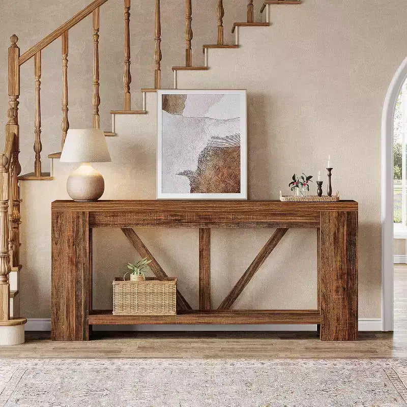 Mesa consola larga de 70.9 pulgadas, mesa de sofá estilo rústico de 2 niveles para colocar detrás del sofá, consola grande de entrada con almacenamiento para pasillo y recibidor