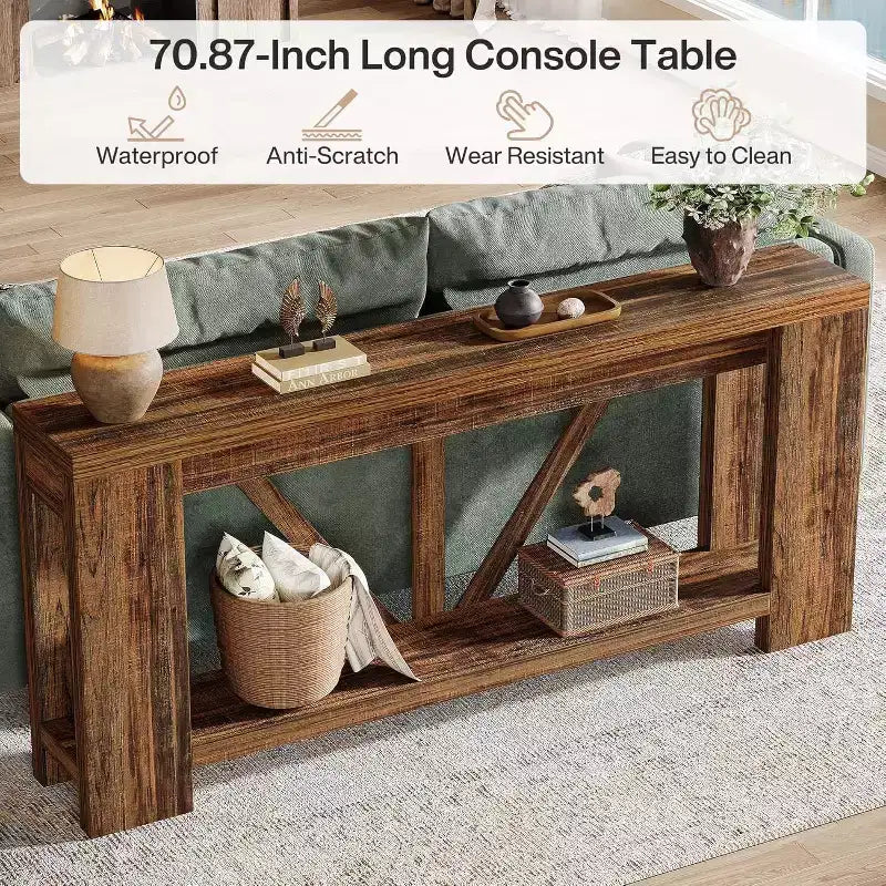 Mesa consola larga de 70.9 pulgadas, mesa de sofá estilo rústico de 2 niveles para colocar detrás del sofá, consola grande de entrada con almacenamiento para pasillo y recibidor