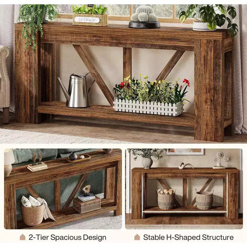 Mesa consola larga de 70.9 pulgadas, mesa de sofá estilo rústico de 2 niveles para colocar detrás del sofá, consola grande de entrada con almacenamiento para pasillo y recibidor