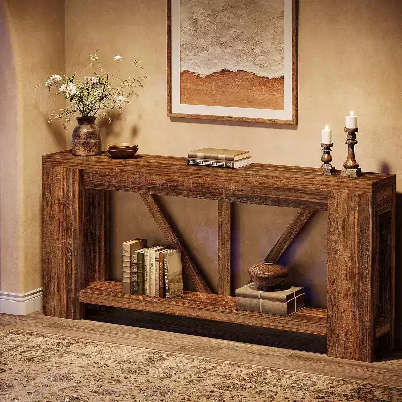 Mesa consola larga de 70.9 pulgadas, mesa de sofá estilo rústico de 2 niveles para colocar detrás del sofá, consola grande de entrada con almacenamiento para pasillo y recibidor