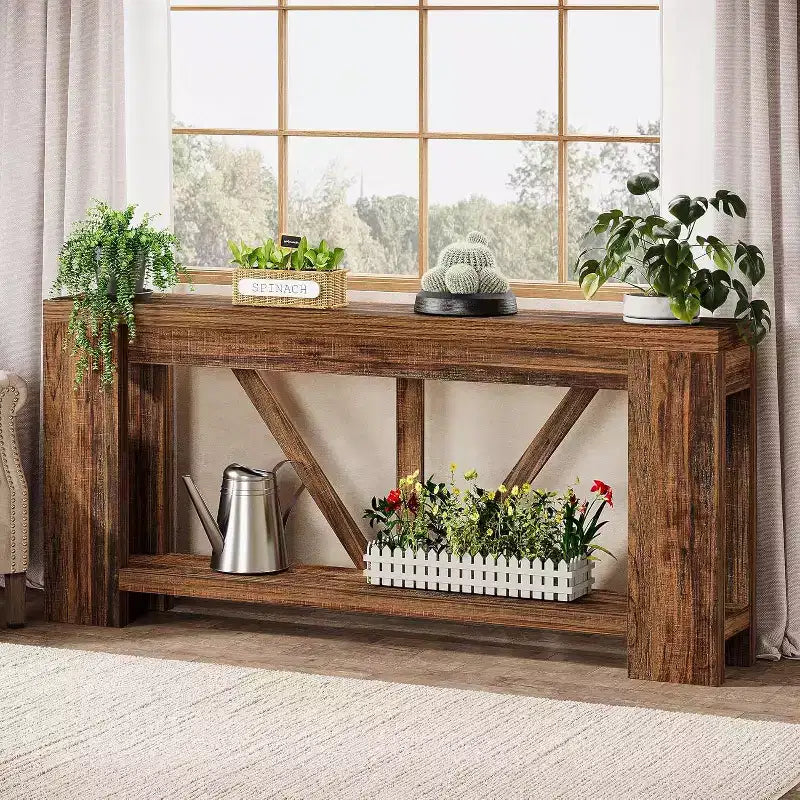 Mesa consola larga de 70.9 pulgadas, mesa de sofá estilo rústico de 2 niveles para colocar detrás del sofá, consola grande de entrada con almacenamiento para pasillo y recibidor