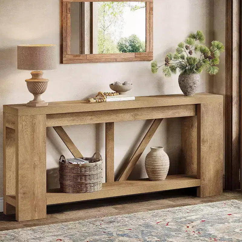 Mesa consola larga de 70.9 pulgadas, mesa de sofá estilo rústico de 2 niveles para colocar detrás del sofá, consola grande de entrada con almacenamiento para pasillo y recibidor