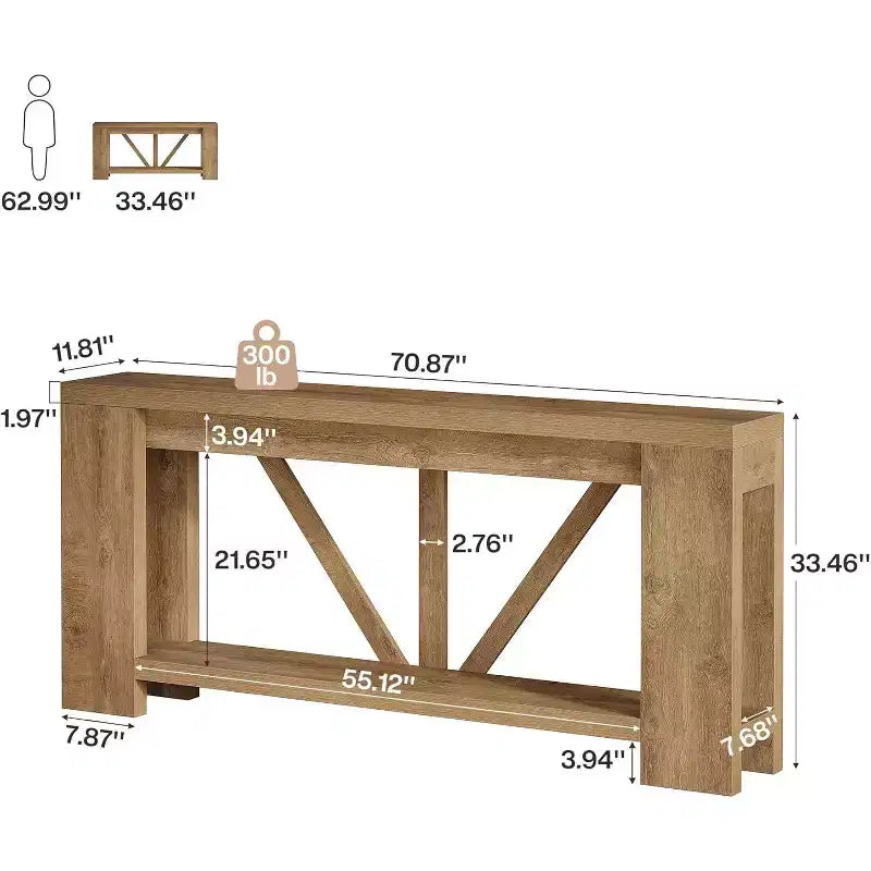 Mesa consola larga de 70.9 pulgadas, mesa de sofá estilo rústico de 2 niveles para colocar detrás del sofá, consola grande de entrada con almacenamiento para pasillo y recibidor