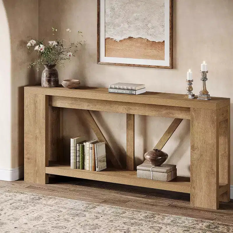 Mesa consola larga de 70.9 pulgadas, mesa de sofá estilo rústico de 2 niveles para colocar detrás del sofá, consola grande de entrada con almacenamiento para pasillo y recibidor