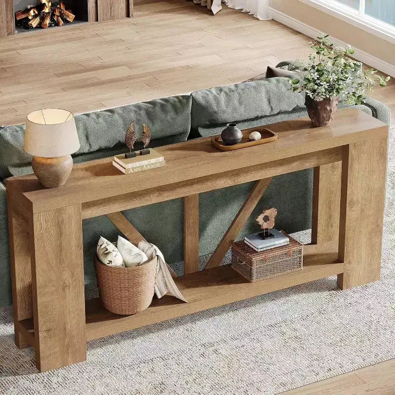 Mesa consola larga de 70.9 pulgadas, mesa de sofá estilo rústico de 2 niveles para colocar detrás del sofá, consola grande de entrada con almacenamiento para pasillo y recibidor
