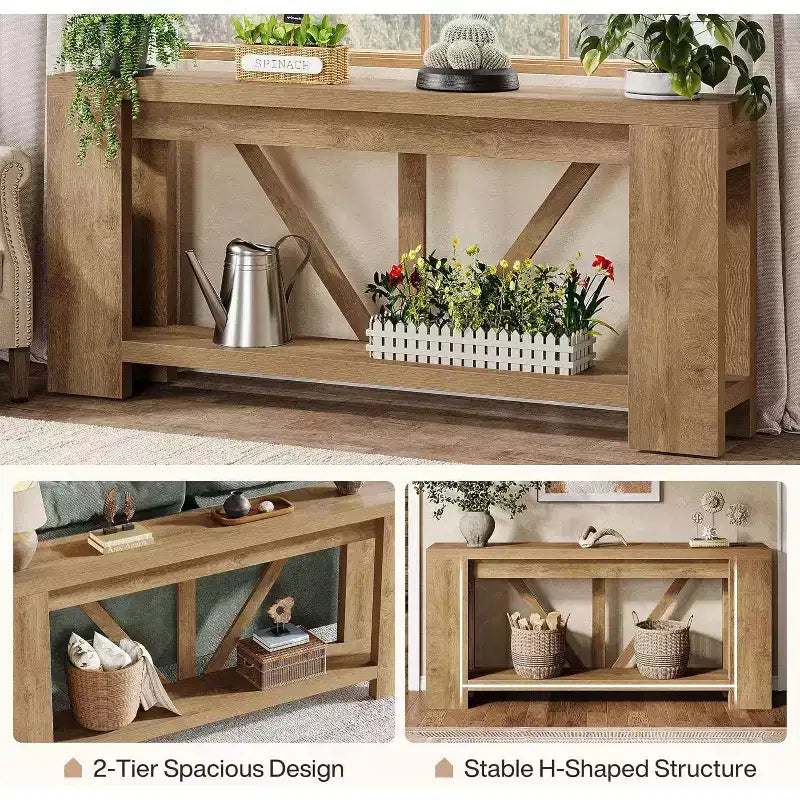 Mesa consola larga de 70.9 pulgadas, mesa de sofá estilo rústico de 2 niveles para colocar detrás del sofá, consola grande de entrada con almacenamiento para pasillo y recibidor