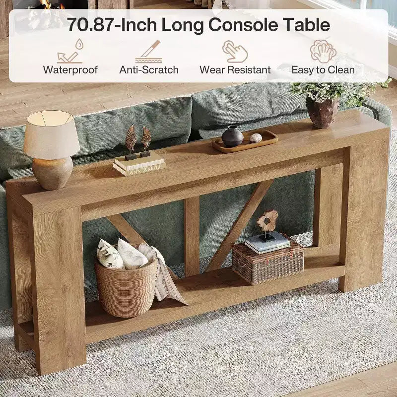 Mesa consola larga de 70.9 pulgadas, mesa de sofá estilo rústico de 2 niveles para colocar detrás del sofá, consola grande de entrada con almacenamiento para pasillo y recibidor