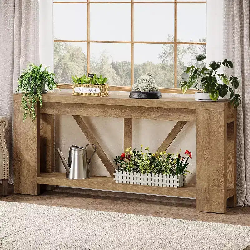 Mesa consola larga de 70.9 pulgadas, mesa de sofá estilo rústico de 2 niveles para colocar detrás del sofá, consola grande de entrada con almacenamiento para pasillo y recibidor
