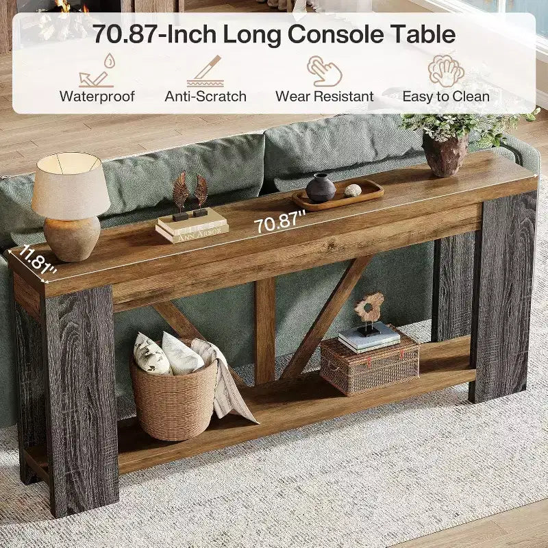 Mesa consola larga de 70.9 pulgadas, mesa de sofá estilo rústico de 2 niveles para colocar detrás del sofá, consola grande de entrada con almacenamiento para pasillo y recibidor