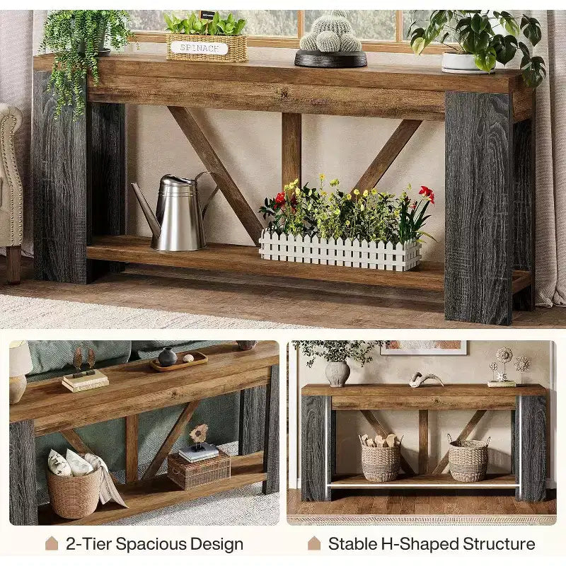 Mesa consola larga de 70.9 pulgadas, mesa de sofá estilo rústico de 2 niveles para colocar detrás del sofá, consola grande de entrada con almacenamiento para pasillo y recibidor