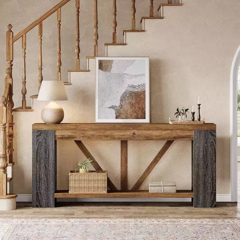 Mesa consola larga de 70.9 pulgadas, mesa de sofá estilo rústico de 2 niveles para colocar detrás del sofá, consola grande de entrada con almacenamiento para pasillo y recibidor