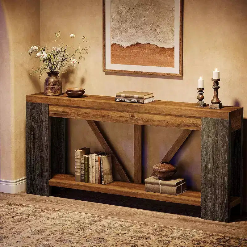 Mesa consola larga de 70.9 pulgadas, mesa de sofá estilo rústico de 2 niveles para colocar detrás del sofá, consola grande de entrada con almacenamiento para pasillo y recibidor