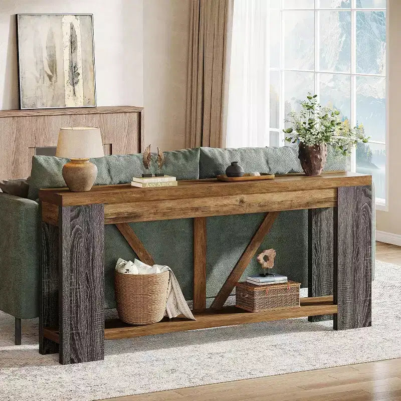 Mesa consola larga de 70.9 pulgadas, mesa de sofá estilo rústico de 2 niveles para colocar detrás del sofá, consola grande de entrada con almacenamiento para pasillo y recibidor