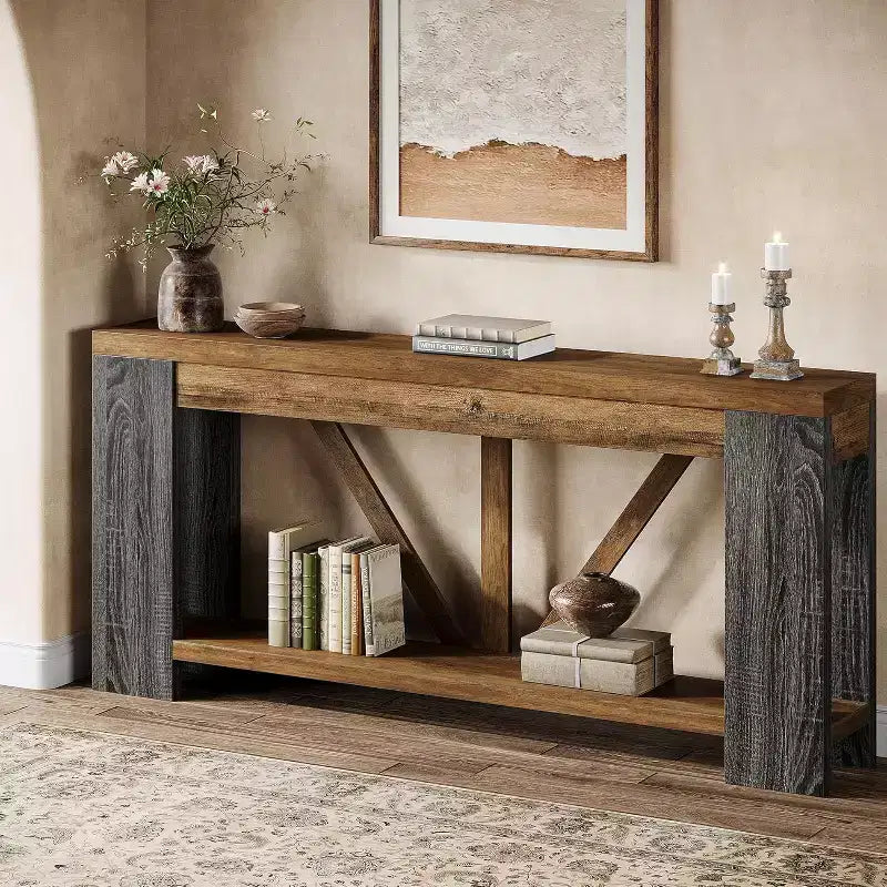 Mesa consola larga de 70.9 pulgadas, mesa de sofá estilo rústico de 2 niveles para colocar detrás del sofá, consola grande de entrada con almacenamiento para pasillo y recibidor