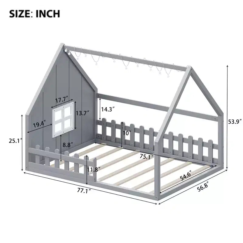 Cama de madera tamaño Full con forma de casita, ventana y valla