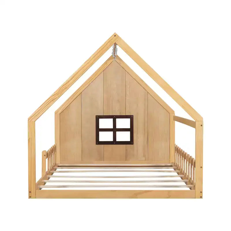 Cama de madera tamaño Full con forma de casita, ventana y valla