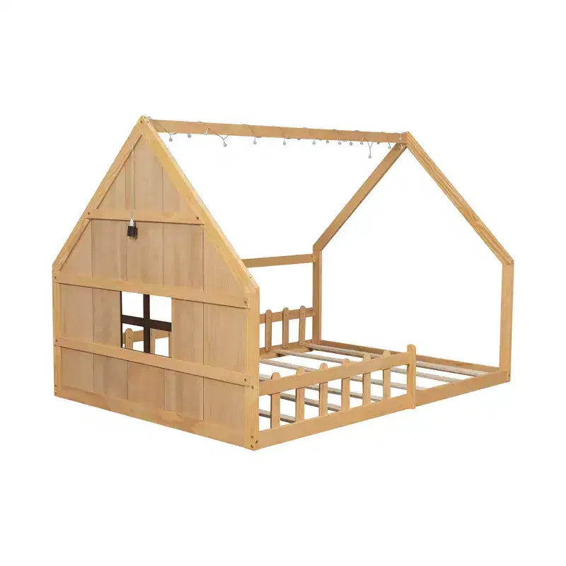 Cama de madera tamaño Full con forma de casita, ventana y valla