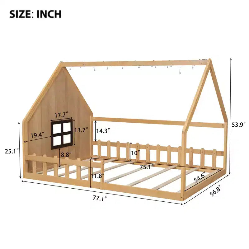 Cama de madera tamaño Full con forma de casita, ventana y valla