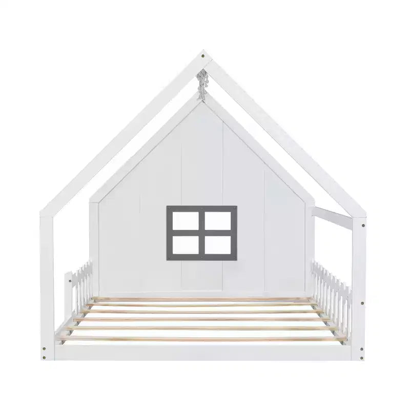 Cama de madera tamaño Full con forma de casita, ventana y valla