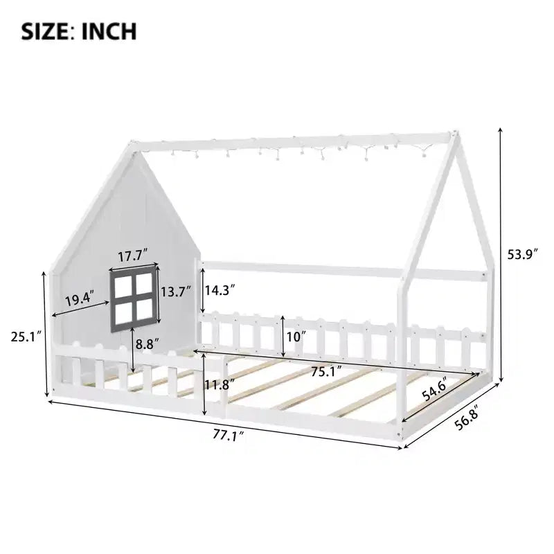 Cama de madera tamaño Full con forma de casita, ventana y valla