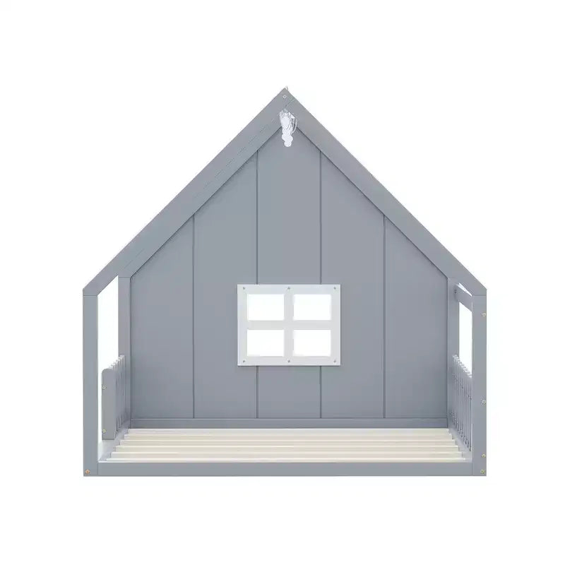 Cama de madera tamaño Full con forma de casita, ventana y valla