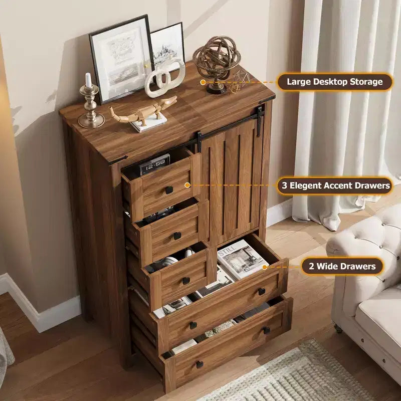 Cassettiera in stile rustico con 5 cassetti per camera da letto, cassettiera alta 48 in legno con anta scorrevole tipo fienile, organizer contenitore