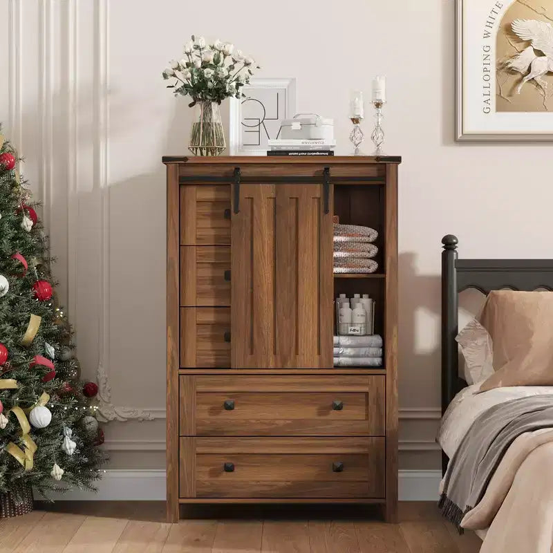 Cassettiera in stile rustico con 5 cassetti per camera da letto, cassettiera alta 48 in legno con anta scorrevole tipo fienile, organizer contenitore