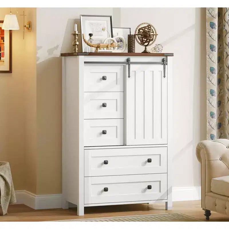 Cassettiera in stile rustico con 5 cassetti per camera da letto, cassettiera alta 48 in legno con anta scorrevole tipo fienile, organizer contenitore