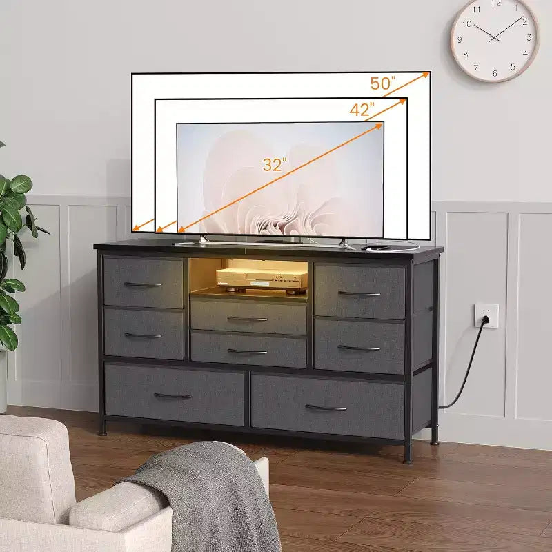 Mobile TV multifunzionale da 47,4 pollici con 8 cassetti, striscia luminosa RGB intelligente e doppie prese di corrente, adatto a diversi ambienti