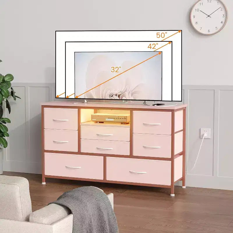 Mobile TV multifunzionale da 47,4 pollici con 8 cassetti, striscia luminosa RGB intelligente e doppie prese di corrente, adatto a diversi ambienti