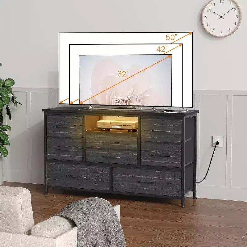 Mobile TV multifunzionale da 47,4 pollici con 8 cassetti, striscia luminosa RGB intelligente e doppie prese di corrente, adatto a diversi ambienti