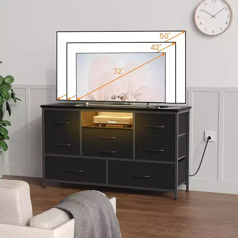Mobile TV multifunzionale da 47,4 pollici con 8 cassetti, striscia luminosa RGB intelligente e doppie prese di corrente, adatto a diversi ambienti