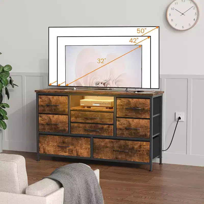 Mobile TV multifunzionale da 47,4 pollici con 8 cassetti, striscia luminosa RGB intelligente e doppie prese di corrente, adatto a diversi ambienti