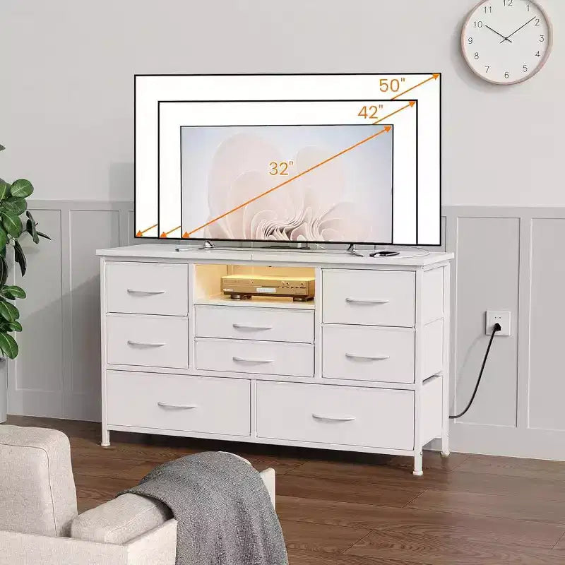 Mobile TV multifunzionale da 47,4 pollici con 8 cassetti, striscia luminosa RGB intelligente e doppie prese di corrente, adatto a diversi ambienti